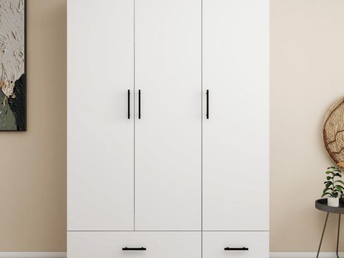 Wardrobe Closet, Armoire Wardrobe Closet with 2 Drawers, Closet Cabinet with Clothing Rods, Wardrobe Cabinet with 3 Doors, Wooden Closet with Shelves,  Closet