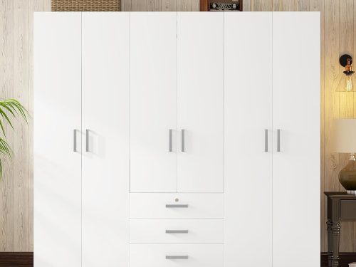 Wooden Wardrobe Closet Organizer with Big Drawers, Hanging Rail and Shelves 6 Doors Clothes Storage Cabinet for Bedroom, White