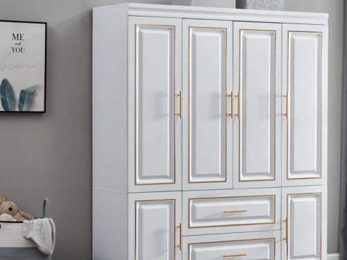 74" H Wardrobe Cabinet,Wardrobe Closet with 4 Doors, Armoire Wardrobe Closet with Storage Drawers, Clothing Rod and Shelves, Bedroom Armoires with Gold Decorative Border, Armoire