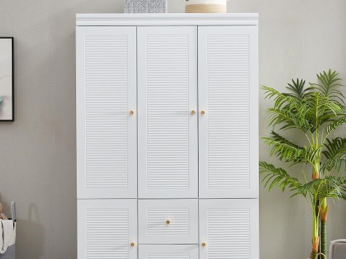 74.2" Armoire Wardrobe Closet Storage, Wood 3 Door 2 Drawers White Closet Cabinet for Large Capacity, Tall Cabinet Closet with Hanging Rod and 5 Storage 47.3" L x 20.3" W x 74.2" H
