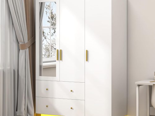 3 Door Wardrobe Closet with Mirror & LED Lights, Bedroom Armoire with Drawers & Shelves, Modern Wooden Armoire Wardrobe Closet with Hanging Rod for Bedroom, White