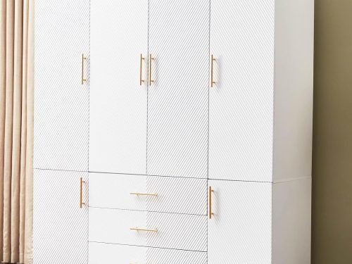 4 Doors Armoire Wardrobe Closet, Bedroom Armoires Cabinet Wooden with Hanging Rod Inside Cabinet and Drawers