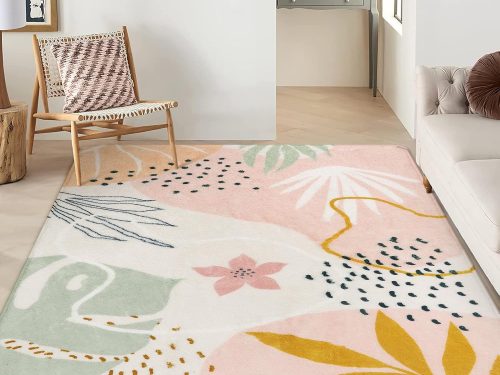 Pink Rug Machine Washable Area Rugs - 6x9 Non-Slip Large Living Room Rug Lightweight Throw Soft Carpet for Bedroom, Boho Botanical Print Ultra-Thin Indoor Rug for Classroom Nursery Dining Room