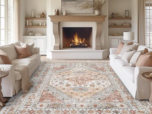 8x10 Area Rugs for Living Room,Non-Slip Backing Washable Rugs,Vintage Large Area Rug，Stain Resistant Home Decor Rug (Orange,8'x10')