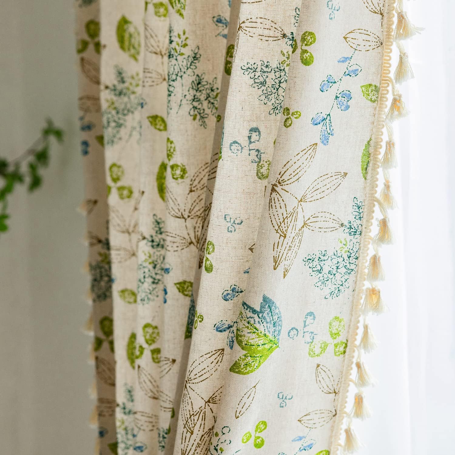 Leaf Curtains 84 Inch Length 2 Panels Tassel Boho Semi Sheer Drapes Bedroom Living Room Floral Rustic Country Rod Pocket Cotton Linen Blend Window Curtain Panel