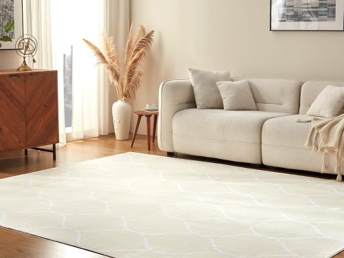 Thin Indoor Area Rug, Geometric Printed Washable Home Decor Carpet for Living Room Bedroom, 6' W × 9' L, Beige Geometric