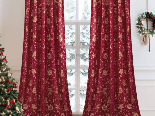 Christmas Curtains for Living Room Red Curtains 96 inches Velvet Foil Print Christmas Tree Bells Home Decor for Party Backdrops Bedroom Dining, W50 x L96 inches, 2 Panels