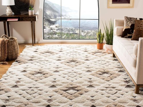 Tassel Shag Collection Area Rug - 8' Square, Ivory & Brown, Non-Shedding & Easy to Clean, Plush High-Low Texture, Ideal for Living Room, Bedroom, Dining Space (MTS688A)